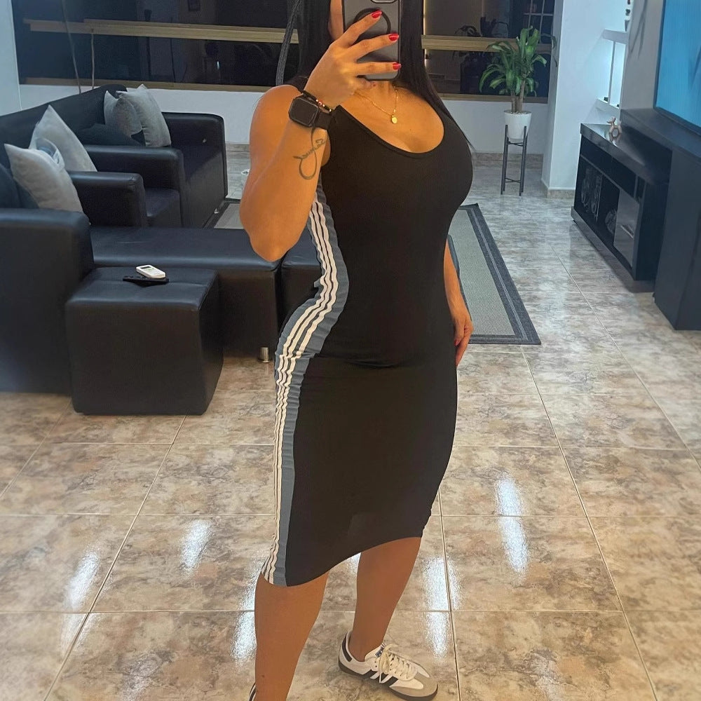 Hot Selling New Style Sportswear Women's Sleeveless Large U-Neck Striped Color Block Fitted Dress
