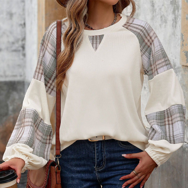 Women's Plaid Color Block Long Sleeve Crew Neck Loose Pullover Sweatshirt