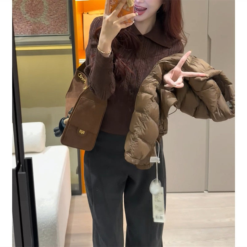 Polo lapel Fried Dough Twists base top waist short sweater