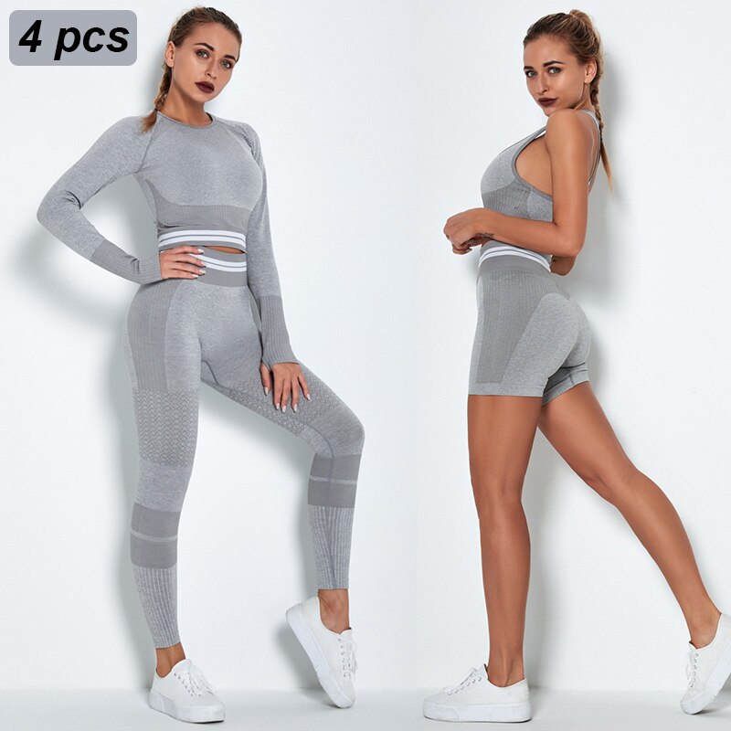 Women's 4-Piece Seamless Yoga Set – Sports Bra, Crop Top, Shorts & High Waist Leggings