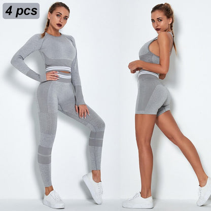 Women's 4-Piece Seamless Yoga Set – Sports Bra, Crop Top, Shorts & High Waist Leggings