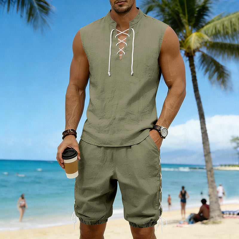 American-style Vintage Linen Sleeveless Vest And Ankle-cuff Shorts