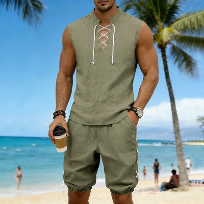 American-style Vintage Linen Sleeveless Vest And Ankle-cuff Shorts