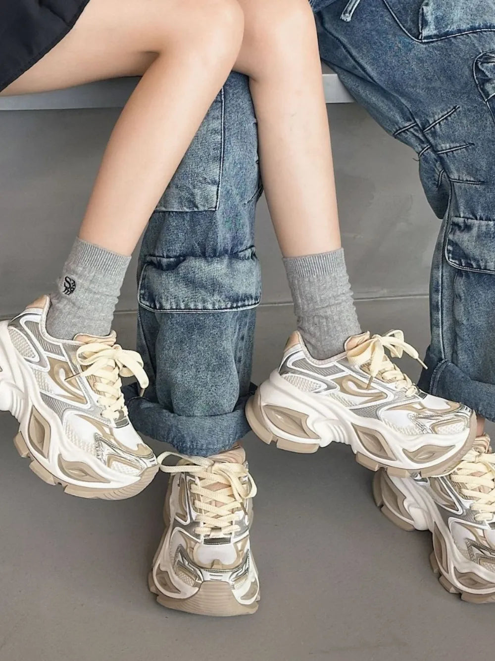 Stylish thick sole sneakers with mesh design

