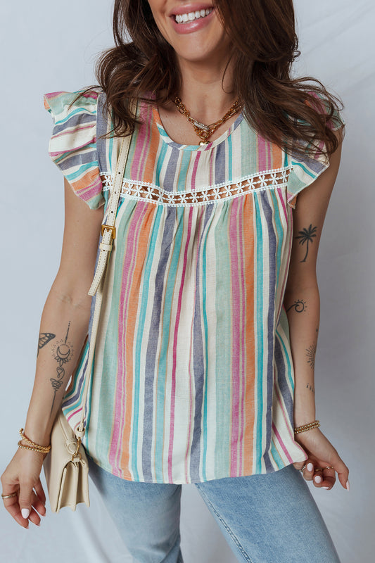 The 'Azure' Striped Lace-Insert Flutter Blouse