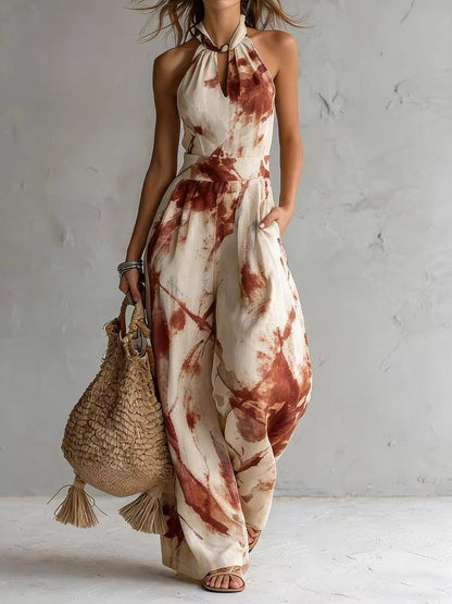 Women's Halter Backless Tie-Dye Jumpsuit – Wide Leg Beach Pants