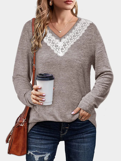 Solid color V-neck loose casual long sleeved T-shirt top for women's wear