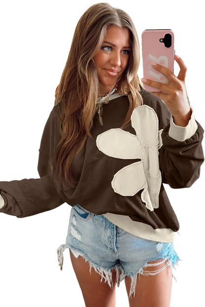 Coffee Raw Edge Flower Patch Drop Shoulder Long Sleeve Top