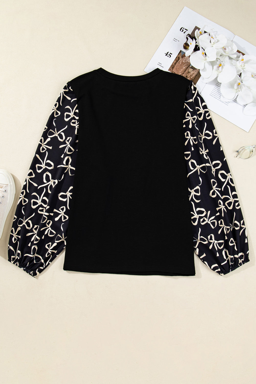 Black Bow Print Sleeve Patchwork Plus Size Blouse
