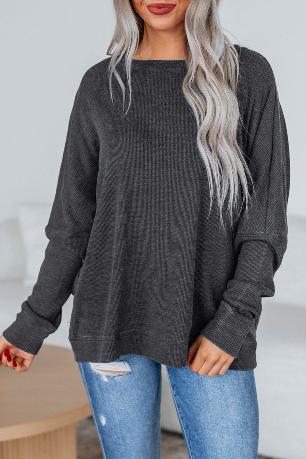 Dark Grey Knit Plain Long Sleeve Loose Top