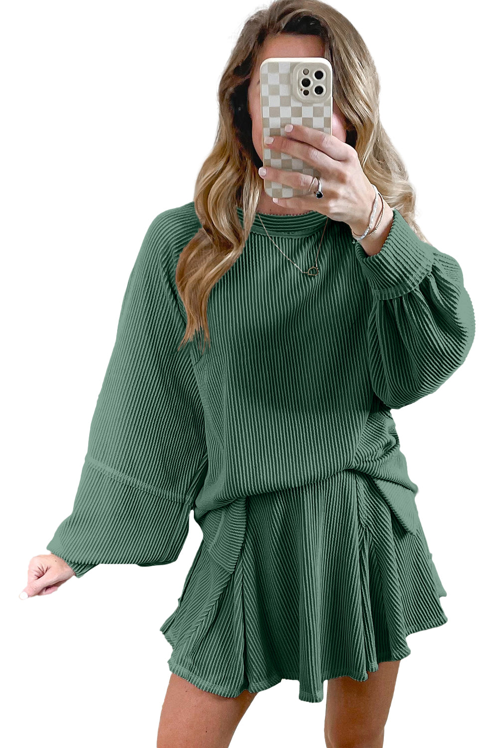 Mist Green Corded Bishop Sleeve Pullover and Ruffle Mini Skirt Set