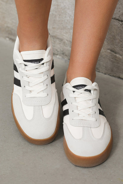 White Striped Lace Up Flat Sneakers