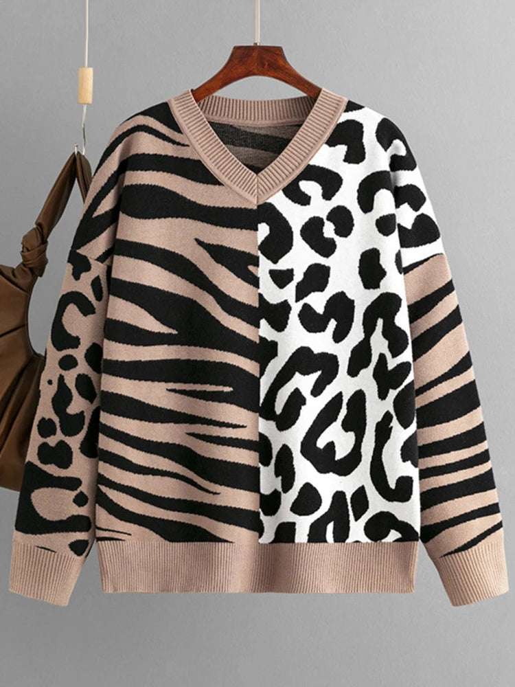 Autumn/Winter New Sweater For Women Leopard Color Block V-neck Long Sleeve Loose Knitted Pullover Top Female