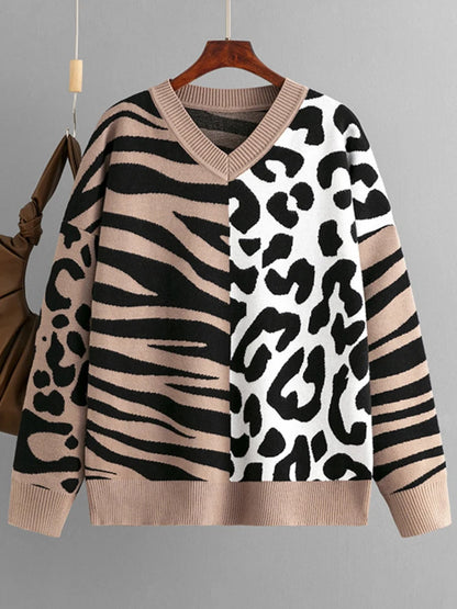 Autumn/Winter New Sweater For Women Leopard Color Block V-neck Long Sleeve Loose Knitted Pullover Top Female