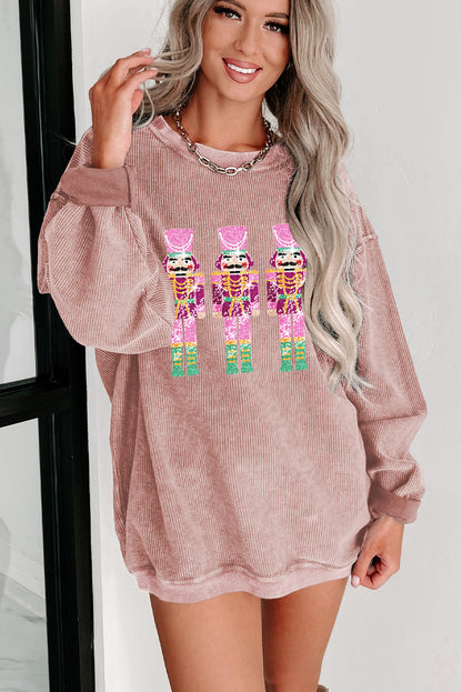 Pink Nutcracker Graphic Sequins Patch Mineral Wash Corded Sweatshirt