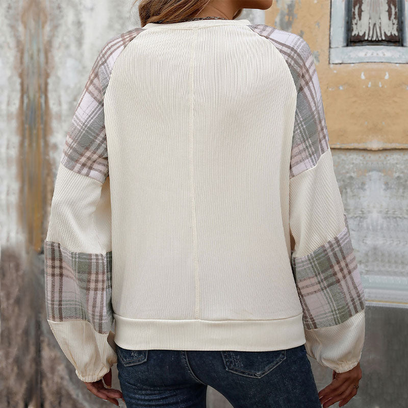 Women's Plaid Color Block Long Sleeve Crew Neck Loose Pullover Sweatshirt
