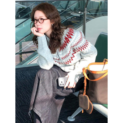 Pattern Knit Cardigan for Women, Thick Loose Casual  Double Zipper Sweater Top
