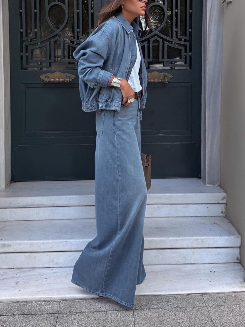 The 'Skyline-Chic' Cropped Jacket & Wide-Leg Denim Set