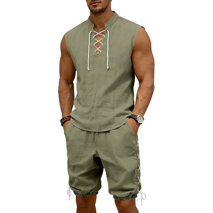 American-style Vintage Linen Sleeveless Vest And Ankle-cuff Shorts