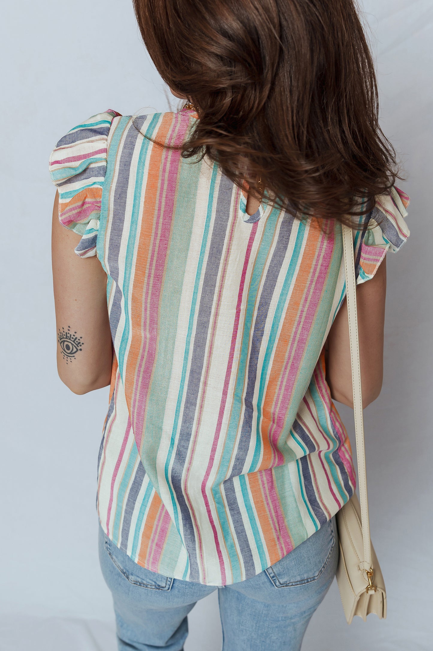 The 'Azure' Striped Lace-Insert Flutter Blouse