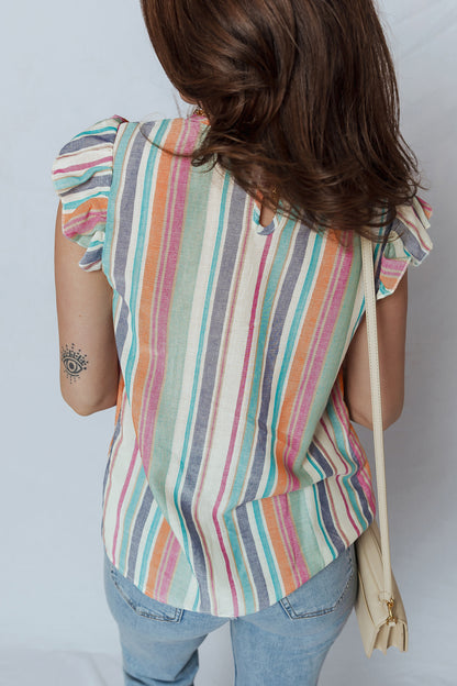 The 'Azure' Striped Lace-Insert Flutter Blouse