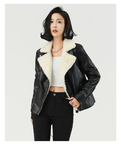 Women's Faux Fur Lined Black Leather Moto Jacket for Winter