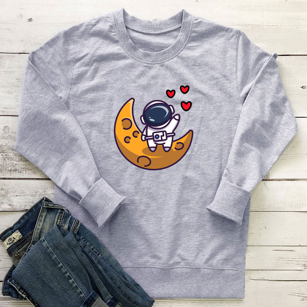 Astronaut Love Printed Round Neck Long Sleeve Hoodie