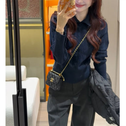 Polo lapel Fried Dough Twists base top waist short sweater