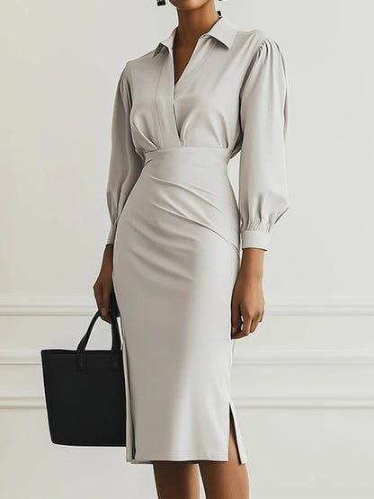 The 'Sculpted-Flow' V-Neck Pleated Midi Dress