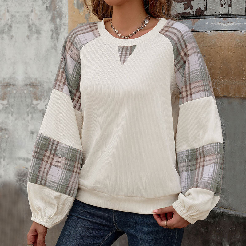 Women's Plaid Color Block Long Sleeve Crew Neck Loose Pullover Sweatshirt
