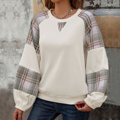 Women's Plaid Color Block Long Sleeve Crew Neck Loose Pullover Sweatshirt