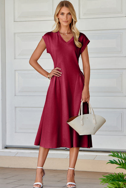 The 'Crimson-Elegance' Pleated V-Neck Midi Dress