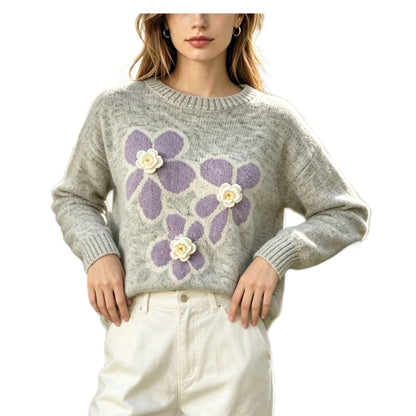 Round neck flower jacquard sweater for women's autumn and winter new style, loose soft and sticky knit sweater with pullover and long sleeves