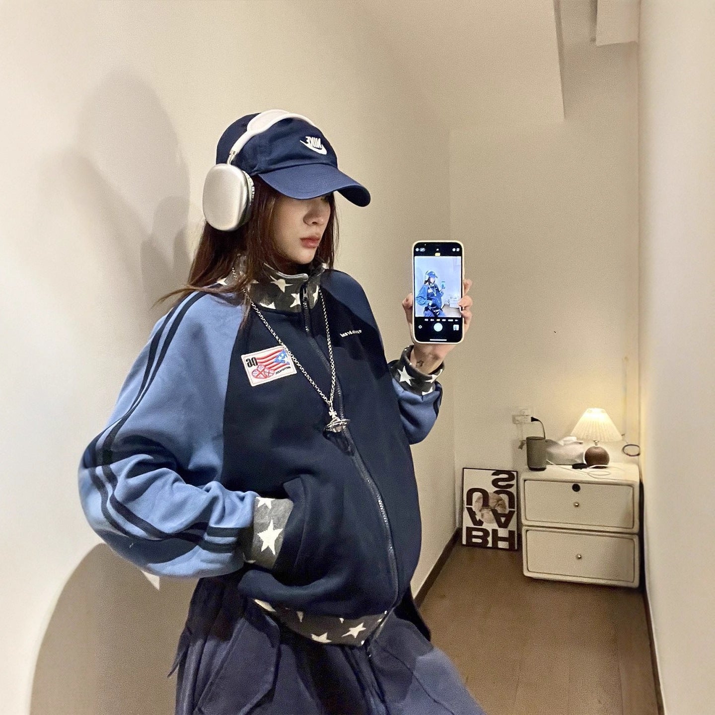 Retro Color-Blocked Star Hoodie, Loose Casual Sporty Design, Zip-Up Patchwork Stand Collar Jacket Top