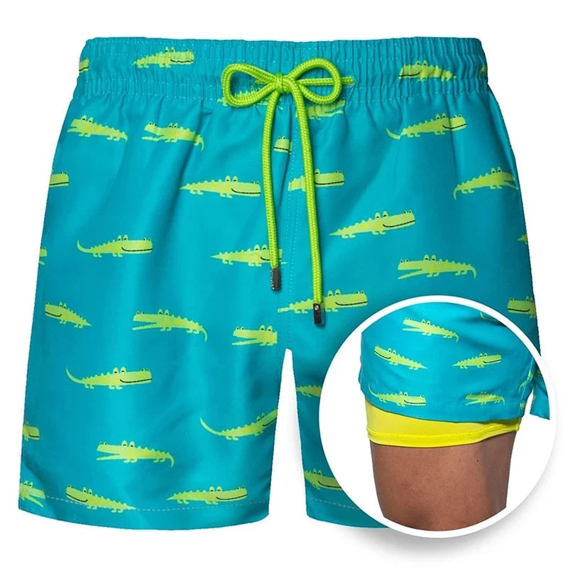 Summer Shorts Men's Beach Pants Sports Pants Printed Double-Layer Shorts Men's Casual Quick-Drying Floral Shorts Men