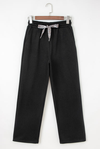 Black Leopard Drawstring Winter Fleece Pants