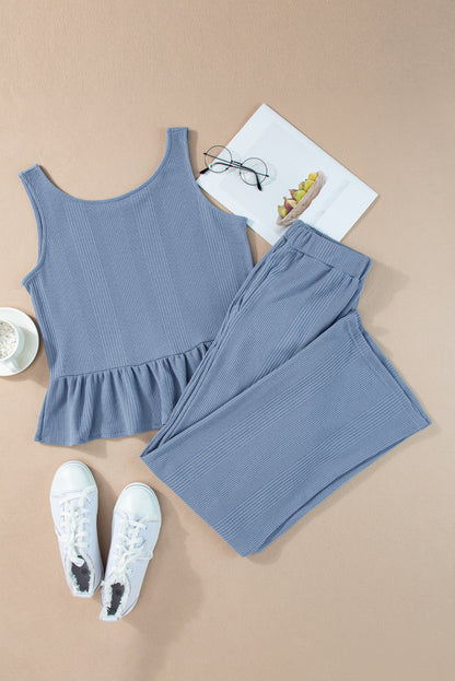 Women's Ribbed Ruffle Hem Tank Top & Wide Leg Pants Set – Casual Summer Co-ord