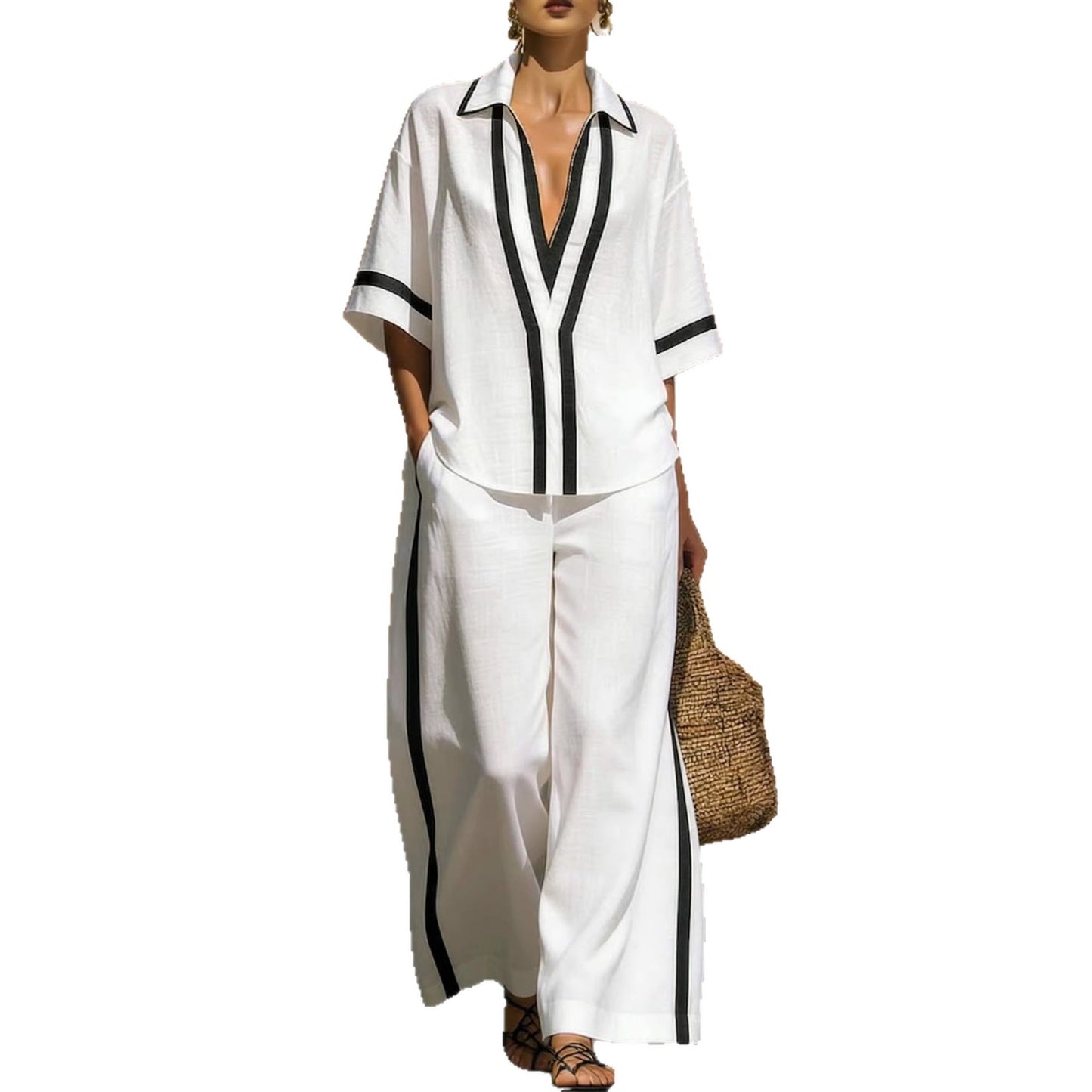 Color Block Short Sleeve Top And Wide Leg Pants Two Piece Set - Casual Summer Loose Fit Matching Outfit For Women Daily Wear