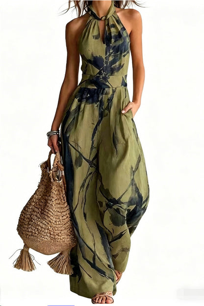 Women's Halter Backless Tie-Dye Jumpsuit – Wide Leg Beach Pants
