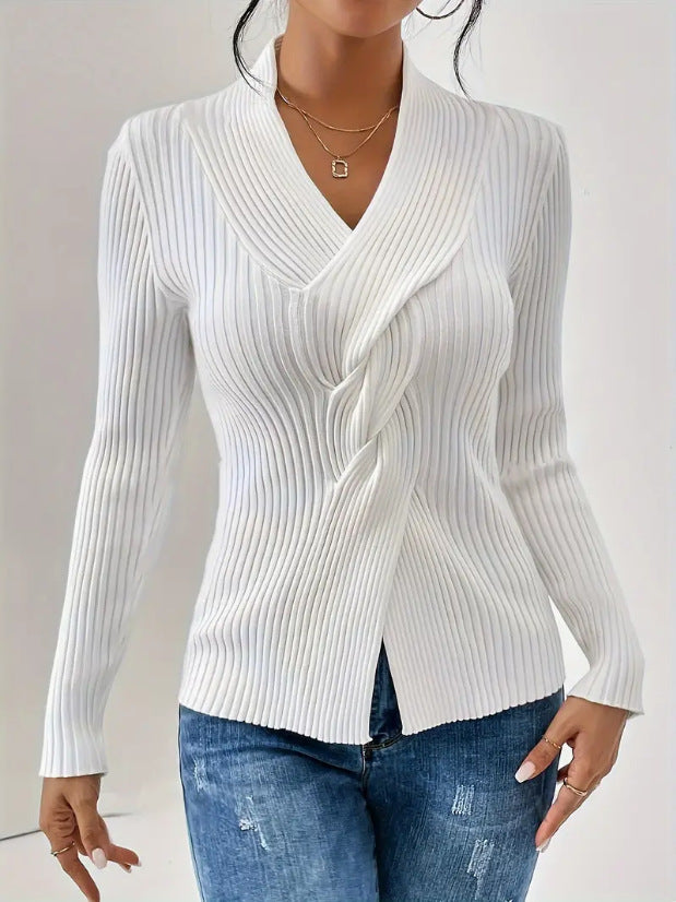 Women's Ribbed Knit Twist Front Slim Fit Sweater – Elegant Long Sleeve Pullover