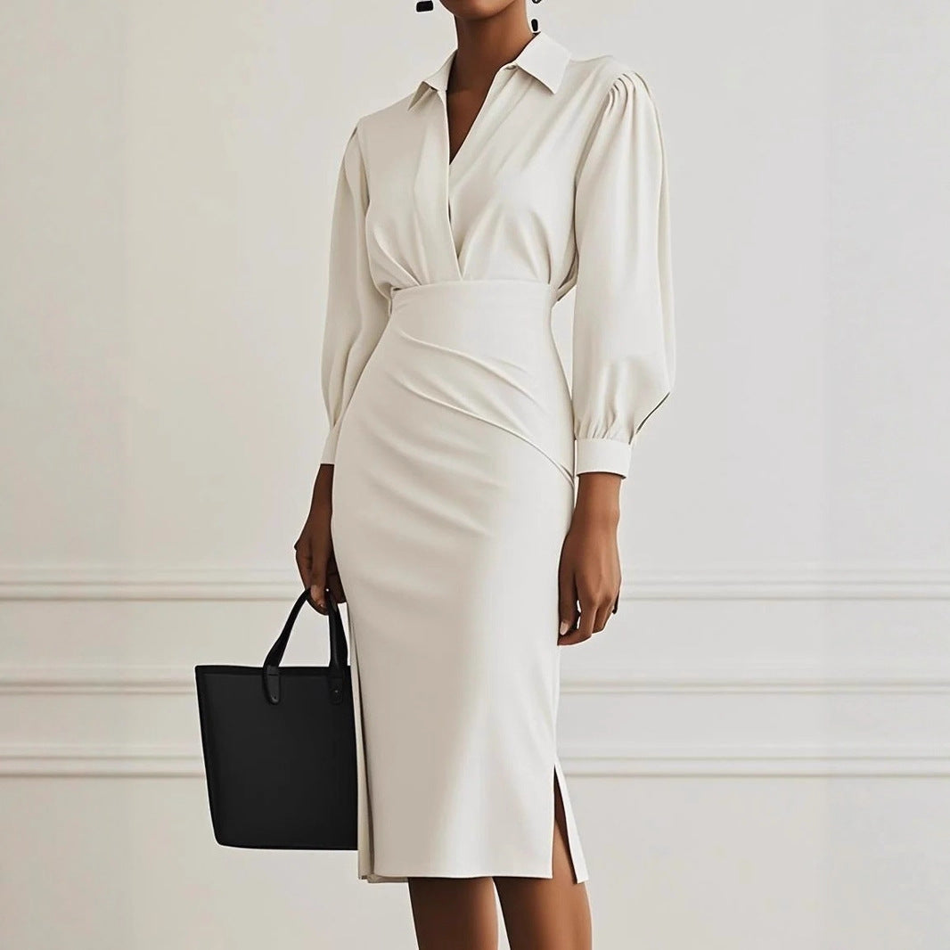 The 'Sculpted-Flow' V-Neck Pleated Midi Dress