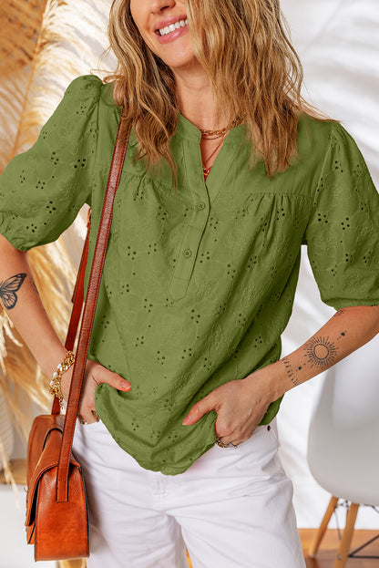 The 'Boho-Breeze' Embroidered Crochet Button-Down Blouse