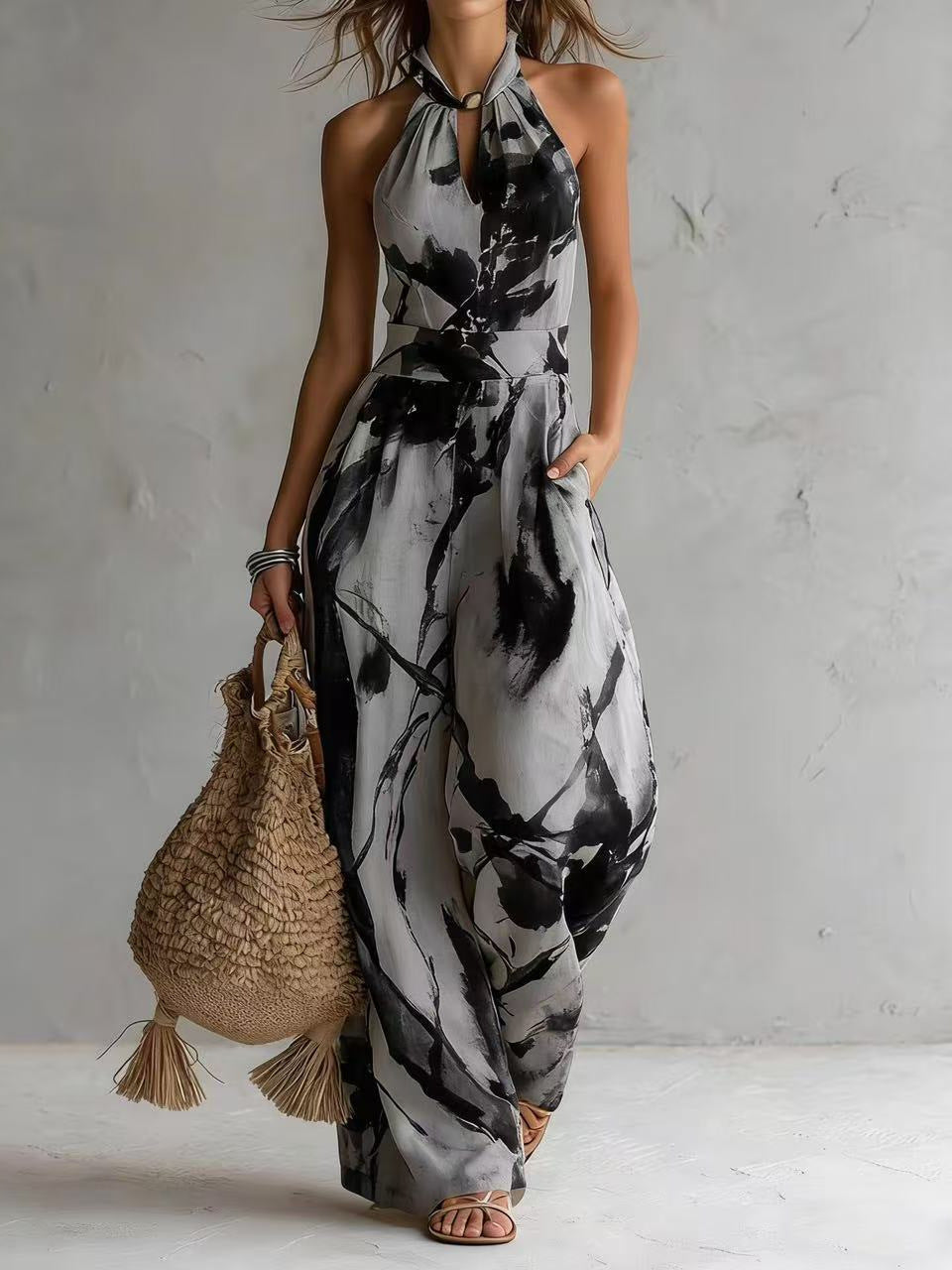Women's Halter Backless Tie-Dye Jumpsuit – Wide Leg Beach Pants