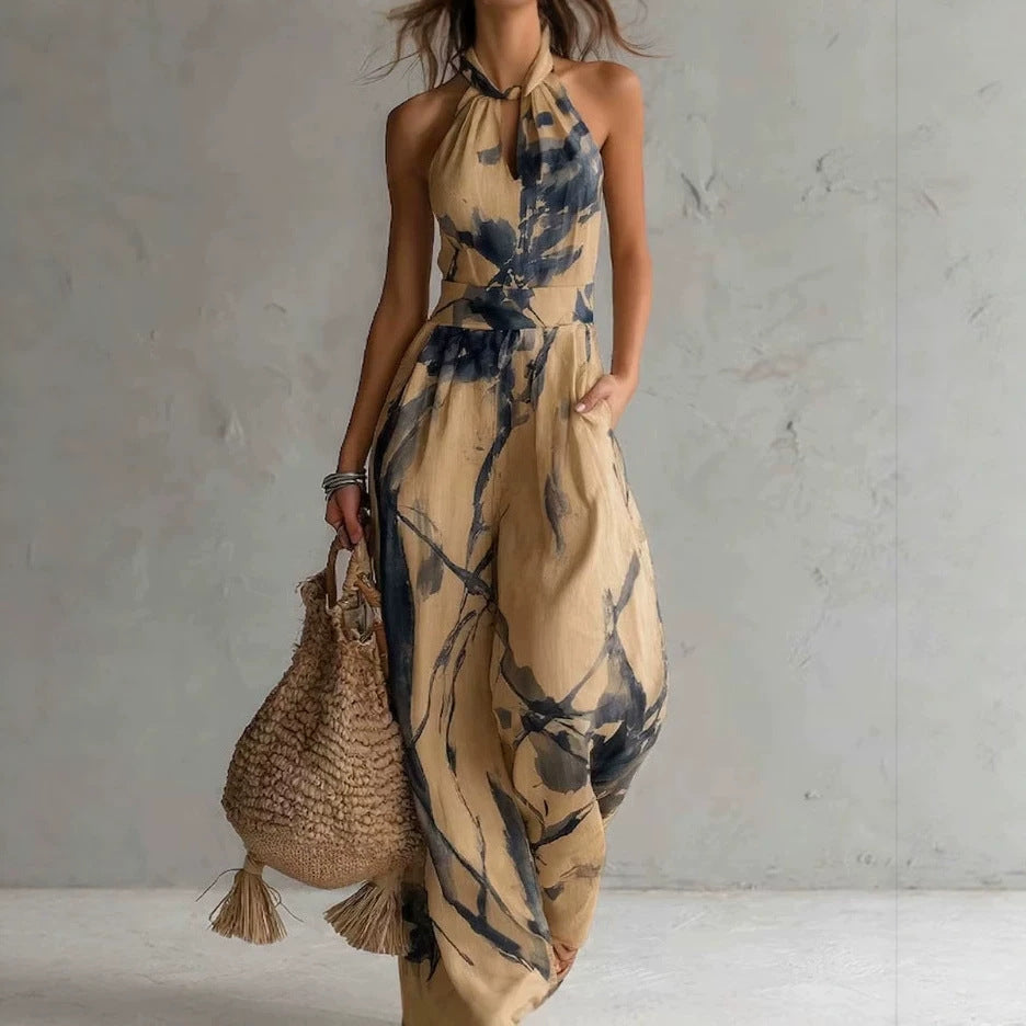 Women's Halter Backless Tie-Dye Jumpsuit – Wide Leg Beach Pants