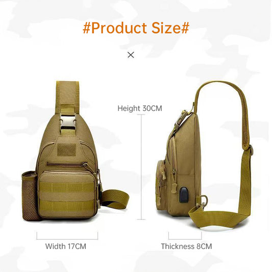 Tactical crossbody sling bag in khaki with front pocket and bottle holder