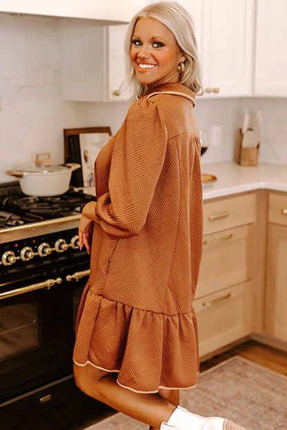 Jungle Green  Quarter Zip Collar Bracelet Sleeve Textured Mini Dress