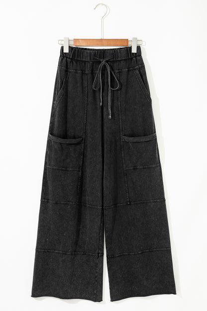 Black Mineral Wash Exposed Seam Wide Leg Cargo Pants