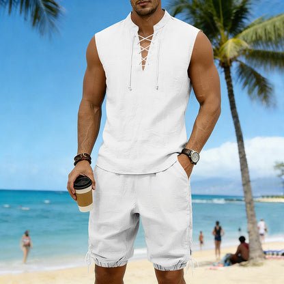 American-style Vintage Linen Sleeveless Vest And Ankle-cuff Shorts