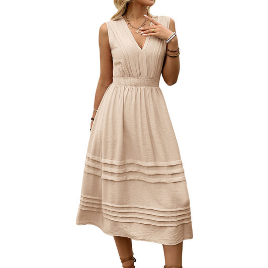 European and American commuting vacation V-neck elastic waist dress