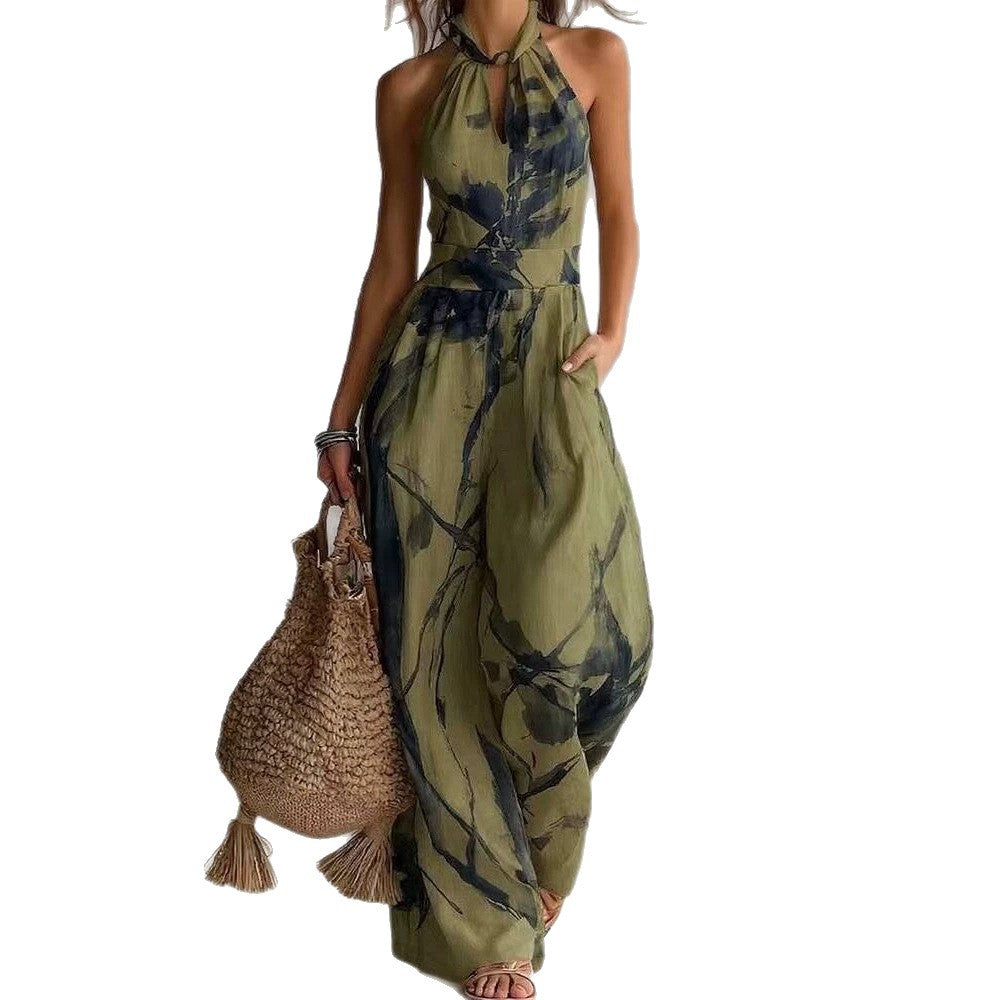 Women's Halter Backless Tie-Dye Jumpsuit – Wide Leg Beach Pants